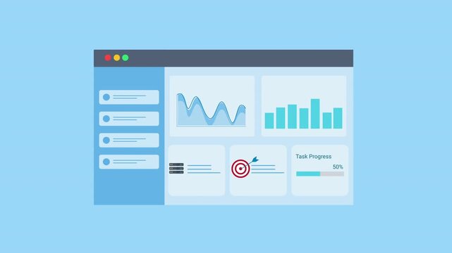 Animated data analytics dashboard interface with charts, graphs, and target indicator icon. Flat vector motion design representing goal tracking, monitoring, and digital business analytics panel.