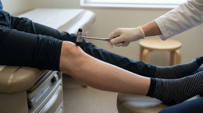 A medical professional performs a neurological reflex test on a patient using a reflex hammer