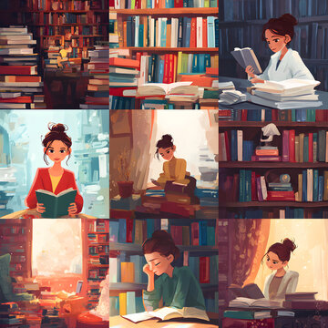 Stylized Illustrations of Women Reading Books