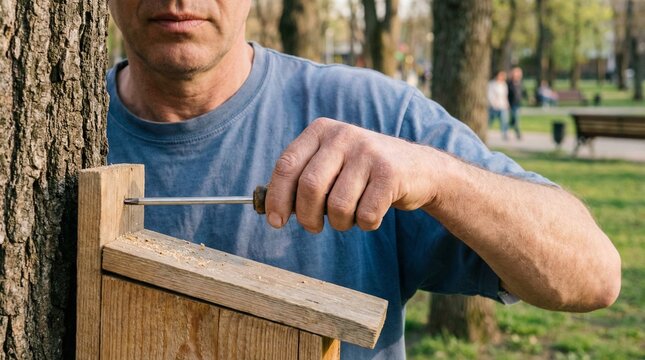 A close up view of a person using a screwdriver to fasten a wooden birdhouse to a tree outdoors