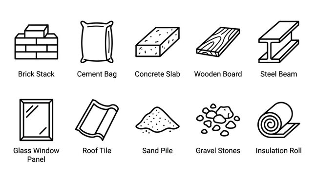 A clean set of black line icons depicting essential construction and building materials like bricks, cement, wood, and steel. Arranged neatly on a white background, it conveys simplicity.