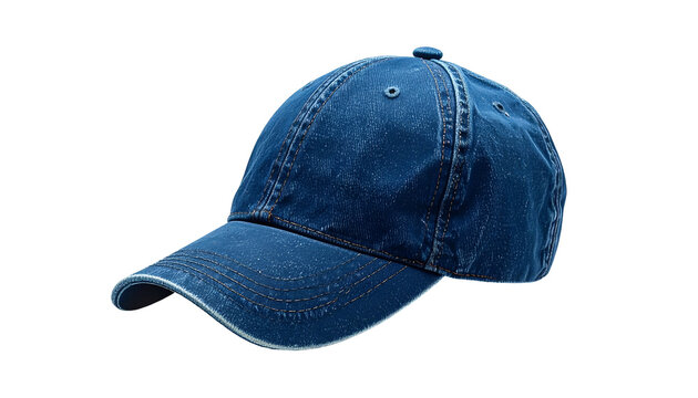 Isolated blue denim baseball cap, aged appearance with visible stitching