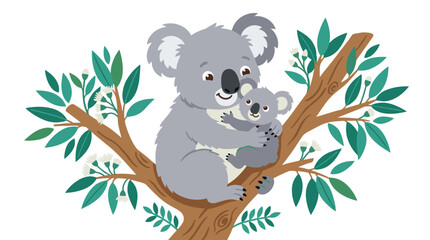 Fototapeta premium A mother koala and her baby perched on an Australian tree branch, depicted in a charming, humorous style as a cute family