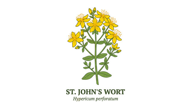 St. John's wort, a medicinal botanical flowering plant, illustrated in a vintage, hand‑drawn, colorful, isolated style
