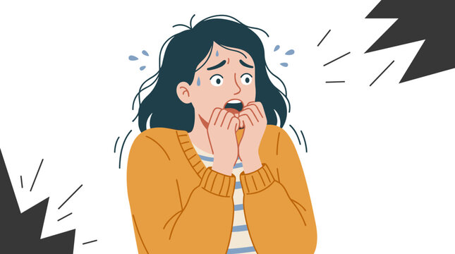 An illustration depicting fear and fright, featuring a shocked woman scared of something, a worried girl in panic and stress, and a fearful facial expression, rendered as a flat graphic vector on a