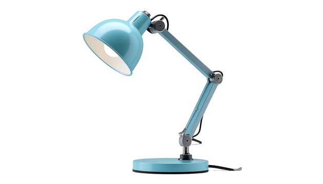 A light blue articulated desk lamp, lit, against a black backdrop, casting a soft glow