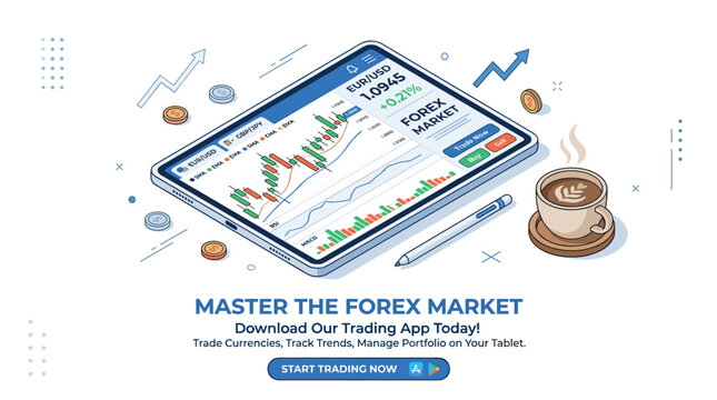 An isometric vector illustration of a web banner featuring a tablet PC displaying a foreign exchange market rate graph or Forex trading indicators, accompanied by a pen and a cup of coffee, designed
