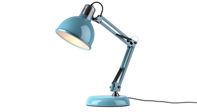 A light blue desk lamp with a gooseneck arm, illuminating a soft glow