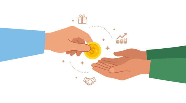 A gold coin held in the fingers, with hands exchanging bonuses, change, financial aid, gifts, and support, illustrating the concept of savings and earnings in a flat vector image set against a white