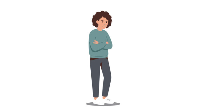 An upset, offended woman in a bad mood, with a negative facial expression, stands with her arms crossed in a flat vector illustration on a white background