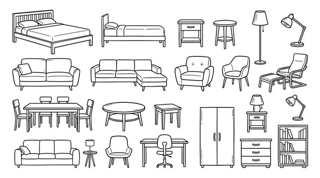 A collection of assorted furniture, hand‑drawn in various styles including sofas, chairs, armchairs, bedside tables, beds, tables, and lamps, depicted in black and white sketches