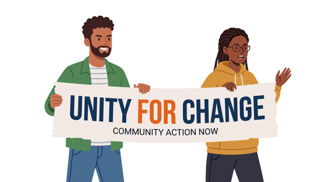 Two political activists, a man and a woman, hold a horizontal banner while participating in a picket, parade, rally, march, or demonstration, depicted in a flat cartoon vector illustration