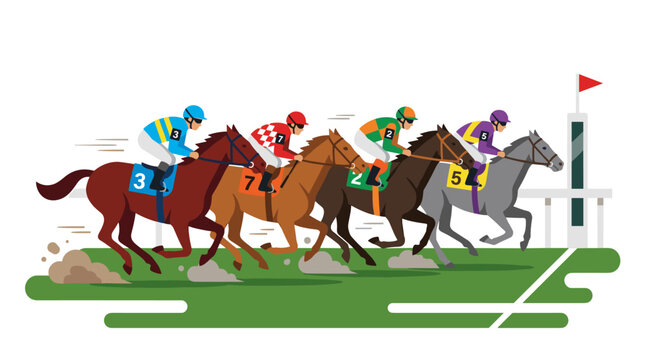 Jockeys guiding horses across a racetrack, while equestrians compete on racehorses at high speed on the turf of a hippodrome, depicted in a flat vector illustration