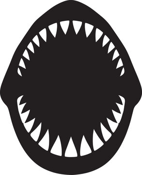 Black and white silhouette of open shark jaws showing rows of teeth also transparent background sharp teeth