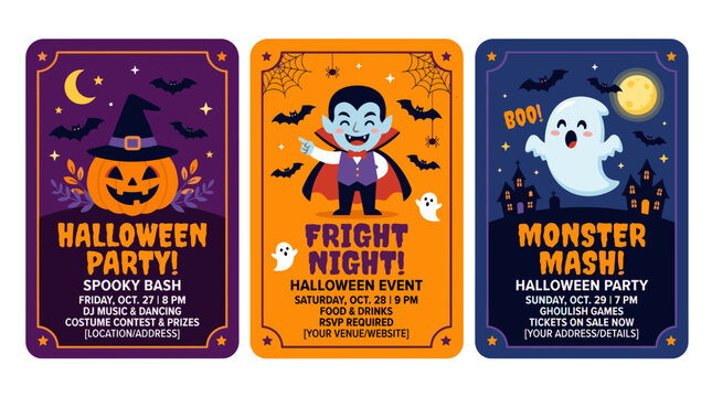 A collection of Halloween party invitation, flyer, or poster templates featuring frightening characters like Jack‑o‑lanterns, vampires, and ghosts, rendered as vector illustrations for holiday event