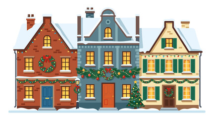 Fototapeta premium Illustrations of European houses adorned with Christmas decorations on their facades, old city dwellings covered in snow and festively decorated for the holiday, presented as flat vector graphics on