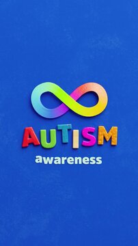 Colorful autism awareness looping video with rainbow infinity symbol on blue background, representing neurodiversity acceptance and inclusive support campaign message in 3D animation