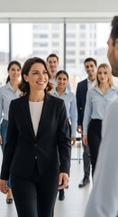 Fototapeta premium Businesswoman walks towards colleague in office with team behind her smiling
