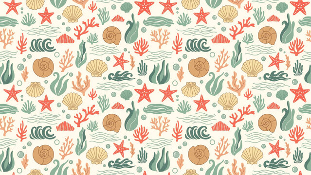 Seamless Ocean Seashell Pattern with Starfish Coral and Marine Life Vector Background