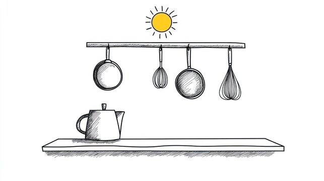 Drawn kitchen scene with hanging utensils and teapot in minimalist style