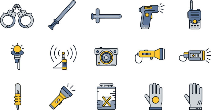 Police Tactical Equipment and Law Enforcement Gear Icon Set Featuring Handcuffs, Baton, Taser, Radio Communication, Flashlight, Body Camera and Protective Gloves