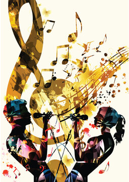 Abstract musical illustration featuring a large golden treble clef with hummingbirds and floral elements for a luxury artistic brand