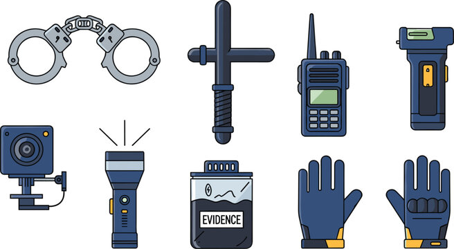 Police Equipment and Law Enforcement Tools Icon Set Featuring Handcuffs, Baton, Radio, Taser, Body Camera, Flashlight, Evidence Bag and Tactical Gloves
