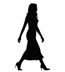 Fashionable woman walking silhouette vector, elegant lady in high heels, side view isolated on white