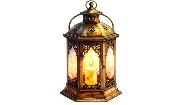 A detailed, ornate, golden lantern with a lit candle inside, glowing brightly