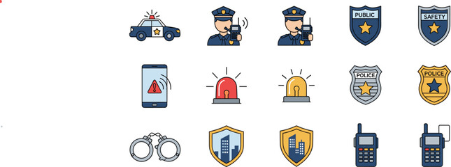 Police Public Safety and Law Enforcement Icon Set Featuring Patrol Car, Officer Communication, Warning Alert, Siren Lights, Handcuffs and Security Shields © Tanjuma