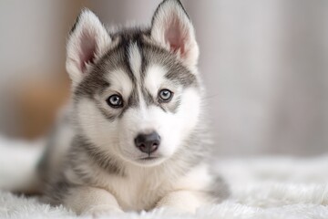 Obraz premium A husky puppy lies on a soft surface, looking directly at the camera. The puppy has bright blue eyes and a mix of black and white fur. The setting is indoors with soft lighting