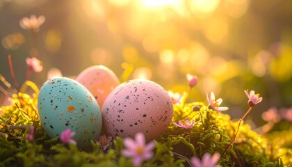 Colorful Easter Eggs in Spring Grass with Flowers and Sunlight