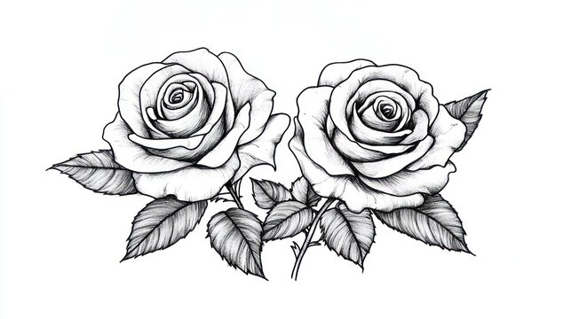 Two detailed black and white roses with leaves