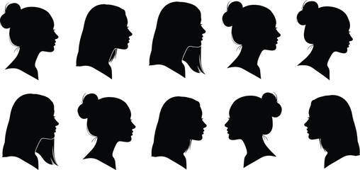 Women profile silhouettes collection, female head side view hairstyles isolated vector illustration set © Dulal Creatives