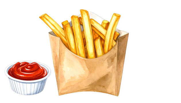 Watercolor illustration of golden french fries in a brown paper container, with ketchup