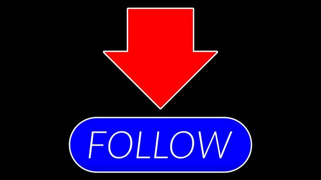 Seamless looping 4k animation of follow text on a blue bar with rising and falling red arrows. High quality motion graphics with alpha channel transparent background for professional video editing