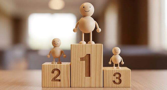 Wooden figurines on podiums with numbers 1 2 and 3 symbolizing ranking or competition
