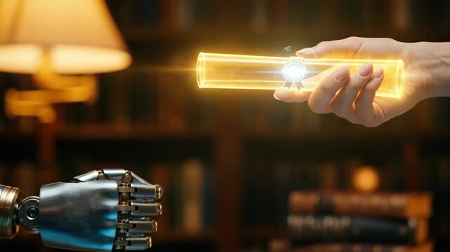 Human hand receiving glowing device from robot. Futuristic technology handover in library. Symbol of ai collaboration and knowledge exchange concept.