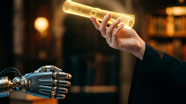 Robotic hand transferring glowing scroll to human hand in ancient library. Knowledge exchange from machine intelligence to person. Futuristic tech and wisdom fusion concept.