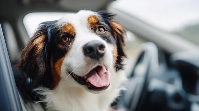 Happy Dog Looking Out Car Window on Road Trip