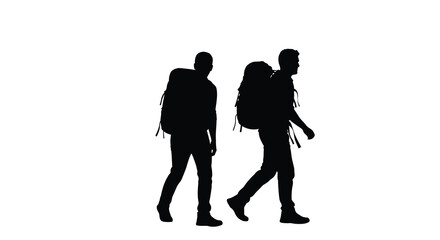 Obraz premium Two hikers with backpacks walking a striking black silhouette