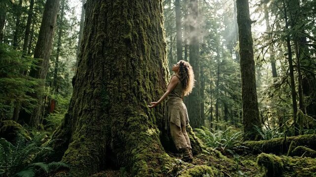 Woman breathing fresh air near ancient tree in lush forest. Serene nature connection through embrace and mindfulness. Woodland meditation sequence with misty exhale.