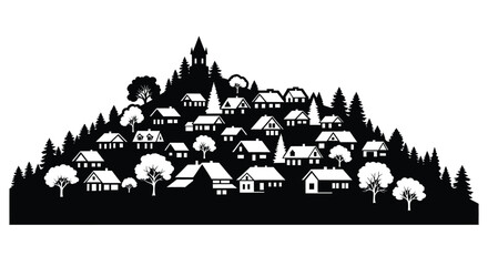 Obraz premium Charming hillside town with trees and buildings a black silhouette
