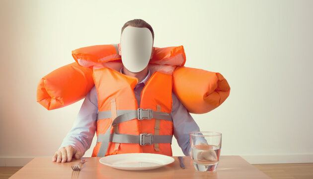 Comical person at dinner table showing absurd overprotective paranoia. This person wears life jacket, strange concept of safety and anxiety while waiting for meal