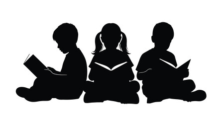 Three children engrossed in reading books a striking silhouette © MD