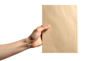 Fototapeta premium A right hand holds a closed book with a plain gold cover against a black background