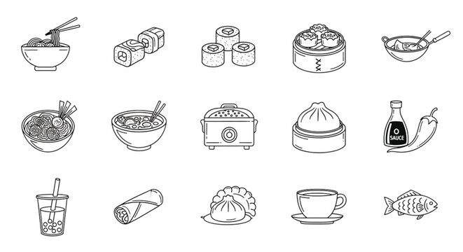 Asian Cuisine Line Icons Set, Sushi Ramen Dim Sum Noodles Food Outline Vector