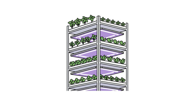 Vertical Farm Shelves with Green Plants.