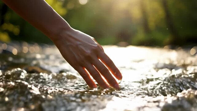 Hand skimming clear river water surface in sunlit forest. Gentle touch creating ripples on stream. Nature interaction and peaceful outdoor water play concept.