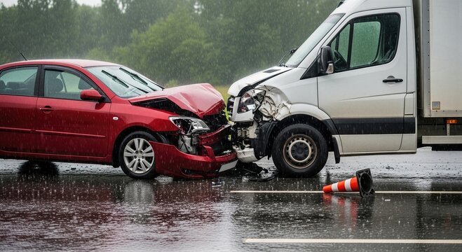 Car crash involving a red sedan and a white delivery van on a rainy road. Traffic accident with damaged vehicle frontal collision. Insurance claim concept and road safety hazard.